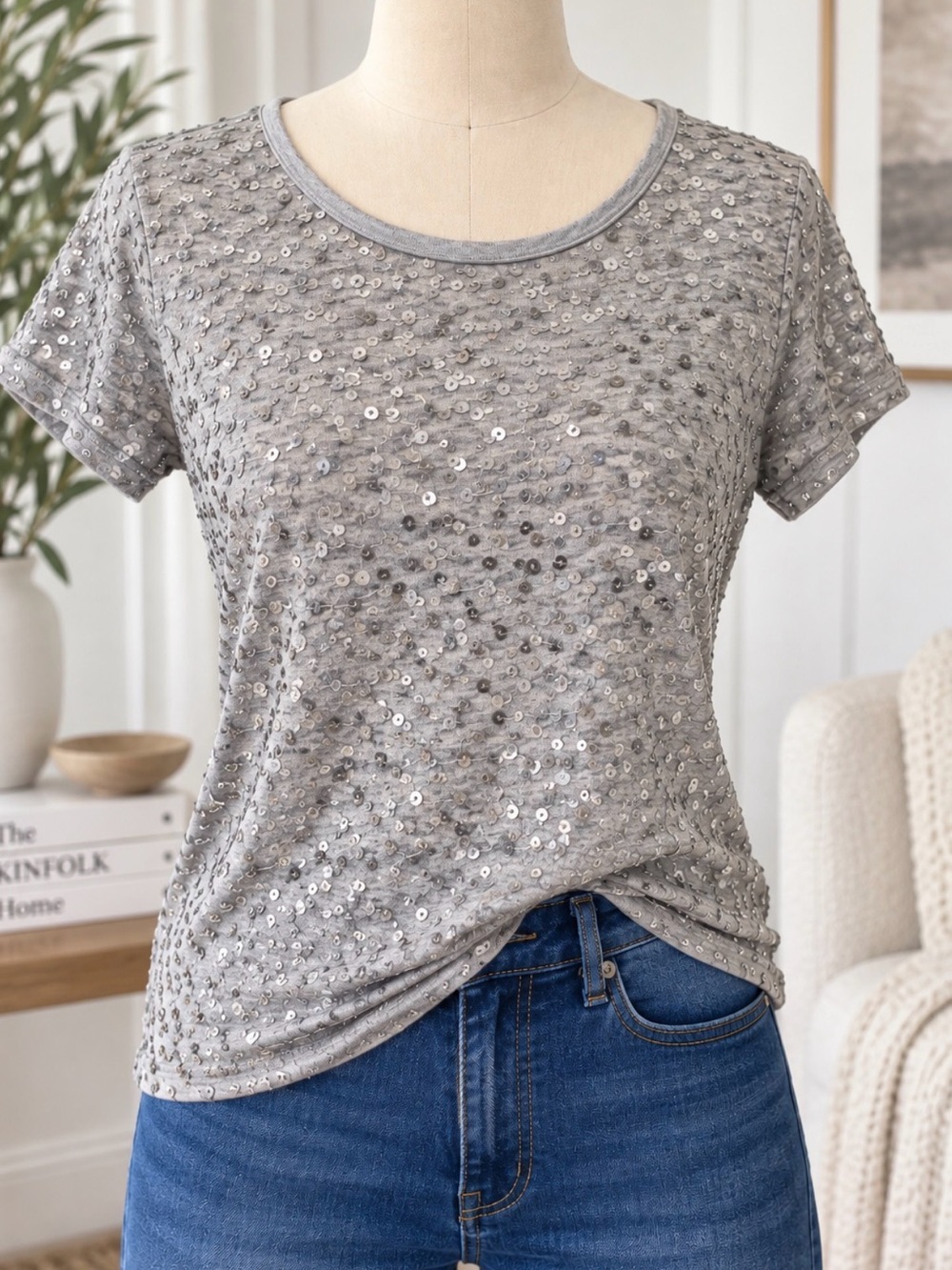 Calvin Klein Gray Silver Sequin Embellished Short Sleeve Top M